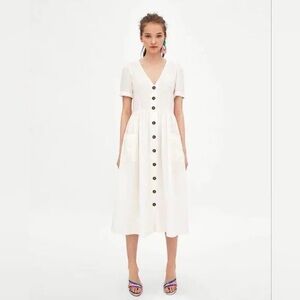 Zara White Linen Midi Dress pleated pockets button XS